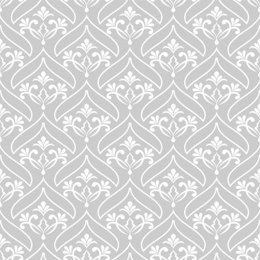 Çiçekli geometrik dikişsiz desen. Gri ve beyaz süs. Süs, duvar kağıdı, ambalaj, vektör arkaplanı için kumaş