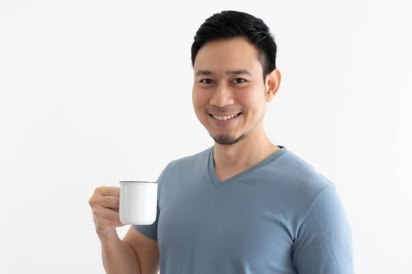 Happy smile face of man drinks coffee on isolated background. — Stock Photo, Image