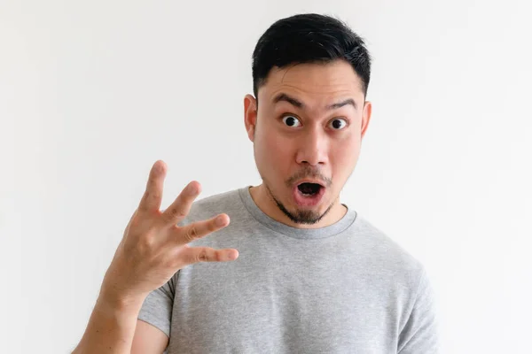 Surprised face man making number hand sign on isolated white background. — Stock Photo, Image