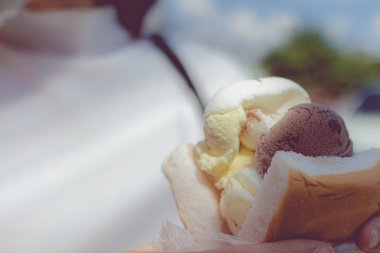 Tayland hindistan cevizli dondurma ve yumuşak ekmek. Çok popüler Tayland tatlıları..