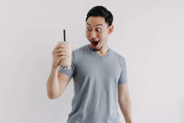 Man is feeling happy with his Boba tea isolated on white background. — Stock Photo, Image