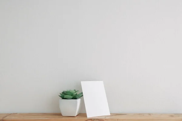 Leere Postkartenattrappe mit Kakteentopf an weißer Wand. — Stockfoto