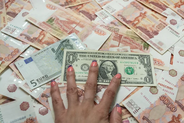 Háttérben a pénzt, rubel, dollár, euró — Stock Fotó