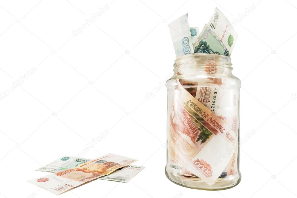 Bank with money, dollars and euros