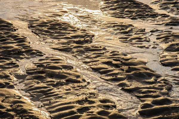 風と海と太陽によって作られたパターンキャドザンドの砂浜で日没時 — ストック写真