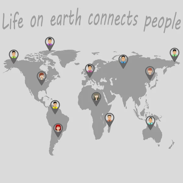 Das Leben auf der Erde verbindet die Menschen. Weltkarte mit Persönlichkeiten. — Stockvektor