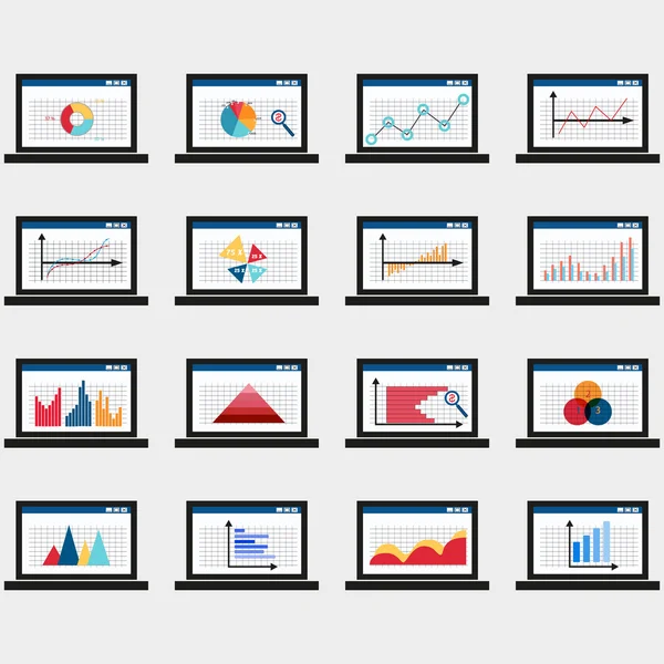 Elementos del mercado de datos comerciales diagramas de gráficos circulares de barras de puntos — Vector de stock