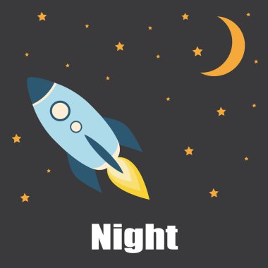 Roket bulutlar ve güneş ile gece gökyüzünde. vektör. izole