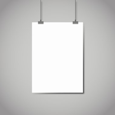 Gri arkaplan vektör şablonuna karşı asılı boş beyaz sayfa