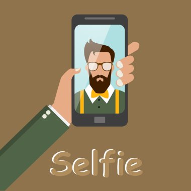 hipster style photo selfie . Man face in ancient clothes. the phone. vector clipart