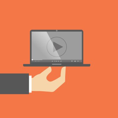 dizüstü bilgisayar watch film çalar. el üstünde laptop. düz tasarım