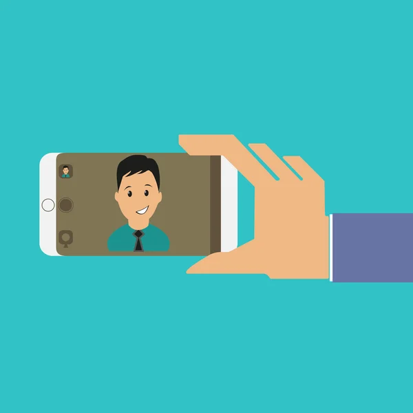 Uman mão segurando telefone celular com rosto de homem na tela — Vetor de Stock