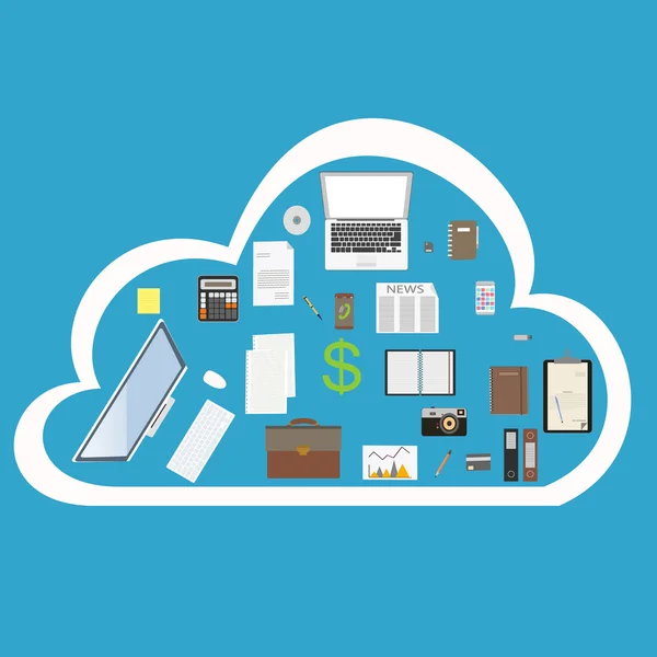 Kantoor en werk in de cloud online. Business, service, apparatuur voor bedrijfsnetwerken — Stockvector