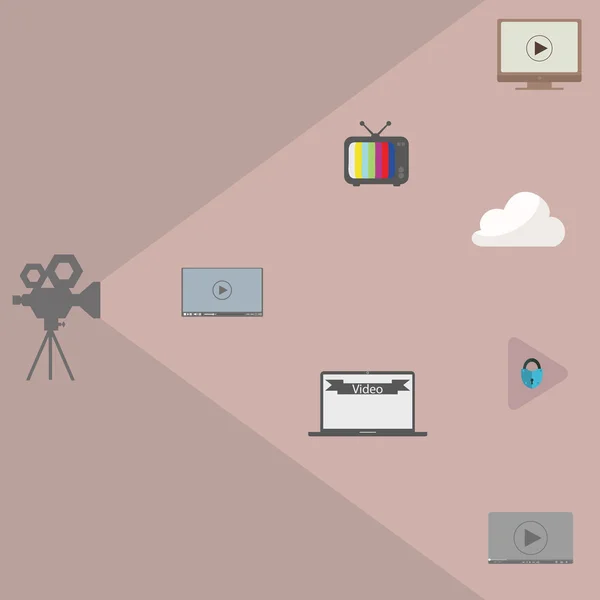 Establecer los iconos de vídeo, reproductor, portátil. difusión de vídeo en línea — Vector de stock