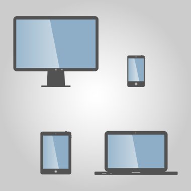 Gerçekçi ekran, dizüstü bilgisayar, tablet bilgisayar ve mavi ekranlı cep telefonu şablonu