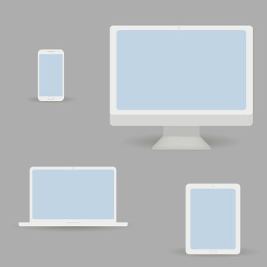 Bilgisayar monitörü, smartphone, dizüstü ve tablet pc beyaz renkte