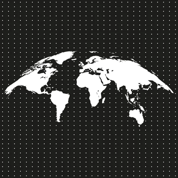 Doblado, retorcido, mapa del mundo sobre un fondo negro con puntos blancos — Vector de stock