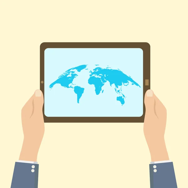 Main Connecter le monde sur une tablette — Image vectorielle