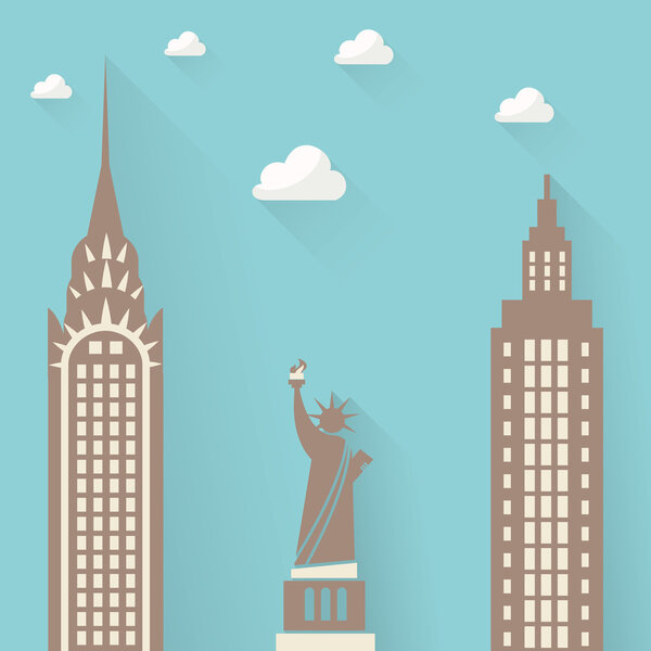 Статуя Свободы на фоне городских небоскребов. облака
