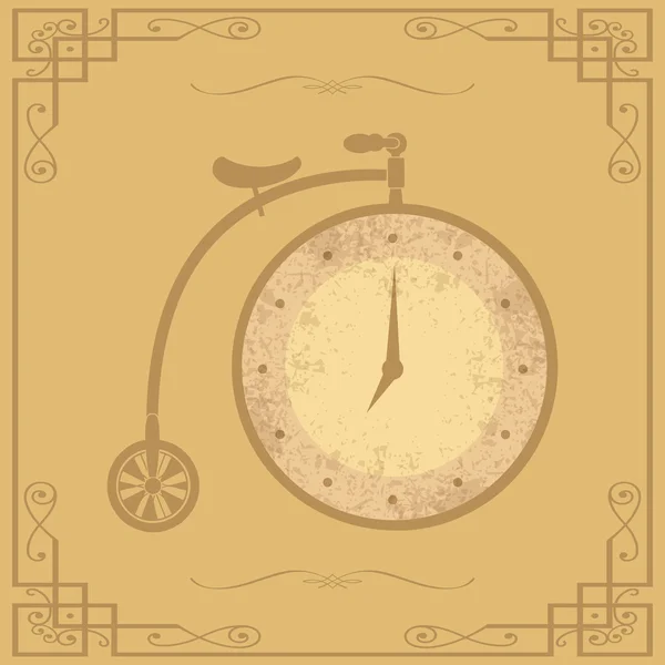Vintage clock in the wheel of an old bicycle — Stock Vector