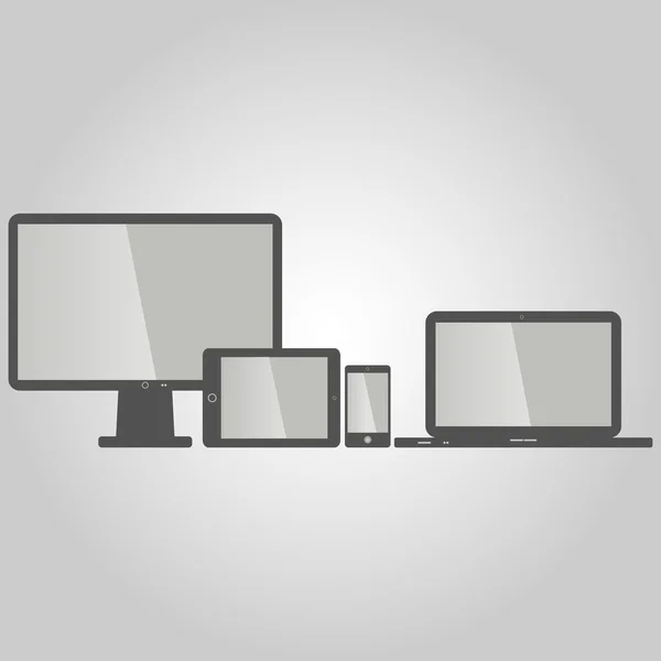 Conjunto de dispositivos que incluye TV, tableta, teléfono inteligente y portátil sobre fondo gris — Vector de stock