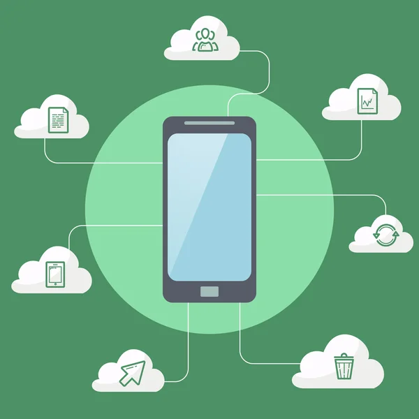 Infographics van aangesloten mobiele telefoon met cloud computing dienst — Stockvector