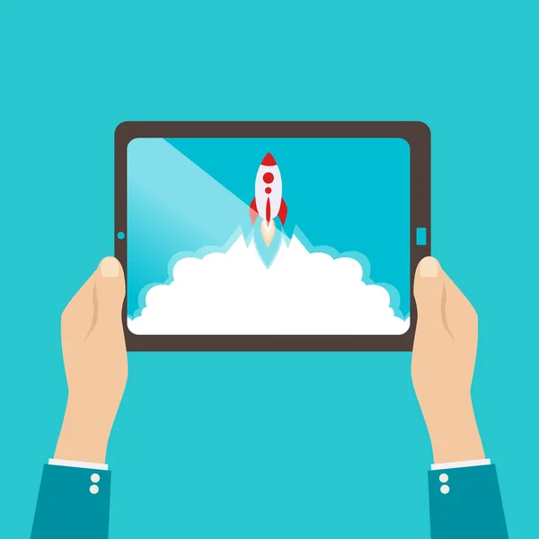 Start up business concept for mobile app development or other disruptive digital business ideas. Cartoon rocket launching from tablet. — Stock Vector