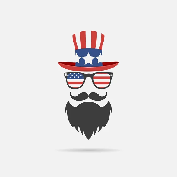 Personaje de estilo americano con barba, gafas, bigote y gafas. logo sobre un fondo blanco — Vector de stock