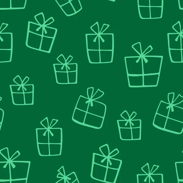 緑の背景にクリスマスのパターン 手描きの贈り物 — ストックベクタ