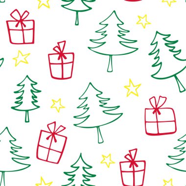 El yapımı Noel ağaçları ve hediyeler. Beyaz arka planda izole edilmiş. Vektör illüstrasyonu