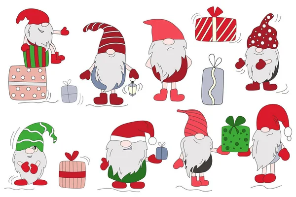 Uppsättning Tecknade Flerfärgade Tomtar Gnomer Med Gåvor Julklappar Och Nyårspresenter — Stock vektor