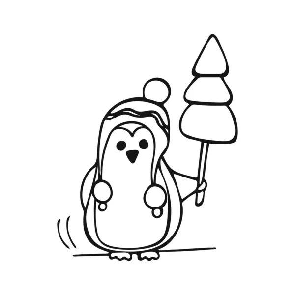 手绘一只戴着一顶有圣诞树的帽子的小企鹅独角企鹅在白色背景上被隔离 矢量说明 — 图库矢量图片