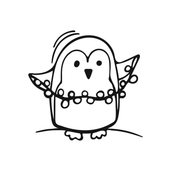 Pingüino Lindo Dibujado Mano Con Una Guirnalda Pingüino Doodle Aislado — Vector de stock