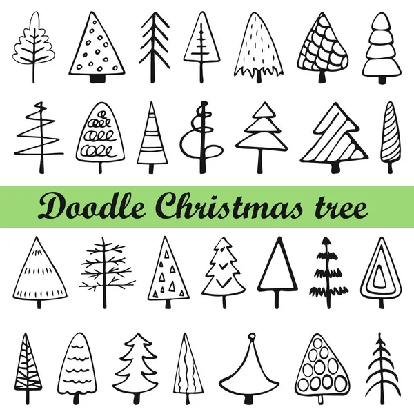 Set Alberi Natale Disegnati Mano Doodle Albero Natale Isolato Sfondo — Vettoriale Stock