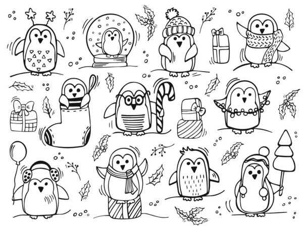 Ručně Kreslení Tučňáci Nový Rok Vánoce Velká Sada Tučňáků Izolovaných — Stockový vektor
