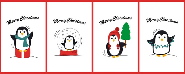 Carino Set Biglietti Auguri Buon Natale Con Pinguini Isolato Uno — Vettoriale Stock