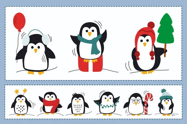 Ensemble Illustrations Hivernales Avec Beaux Pingouins Couleur Photos Pour Enfants — Image vectorielle