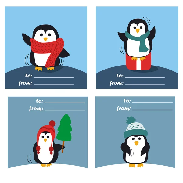Cartes Vœux Dessinées Main Avec Jolis Pingouins Conception Noël Aux — Image vectorielle