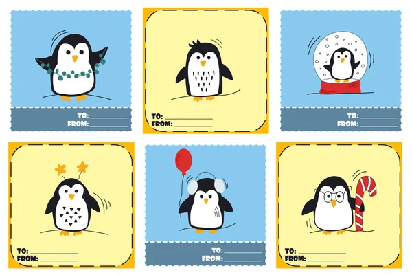 Mano Dibujado Tarjetas Felicitación Con Pingüinos Lindos Diseño Navideño Colores — Archivo Imágenes Vectoriales