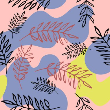 Tropikal yapraklar ve dallarla güzel, parlak bir desen. Parlak, pürüzsüz desenli egzotik bitkiler. Vektör illüstrasyonu.