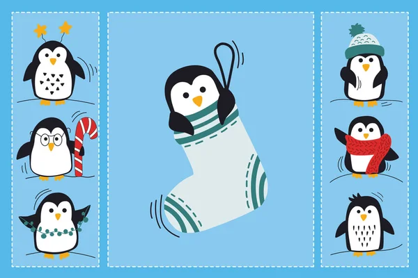 Ensemble Illustrations Hivernales Avec Beaux Pingouins Couleur Photos Pour Enfants — Image vectorielle