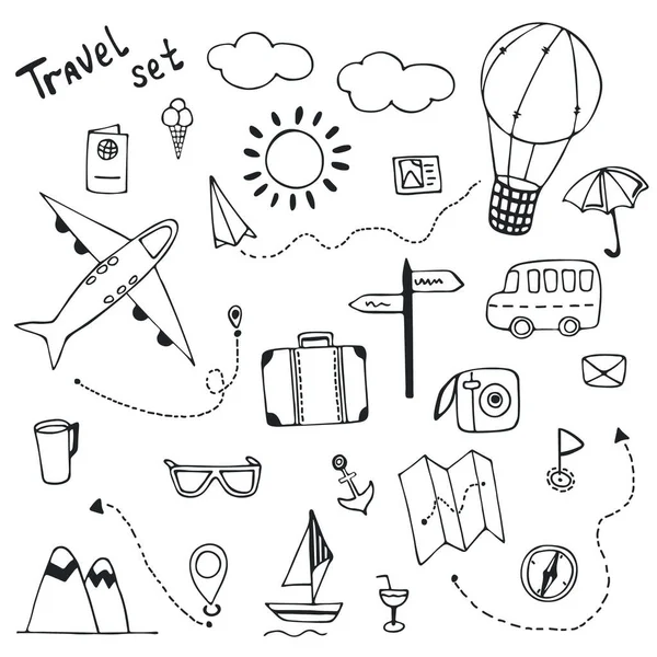 Hand Drawn Travel Doodle Set Travel Sketch Travel Items Transport — Stock Photo, Image