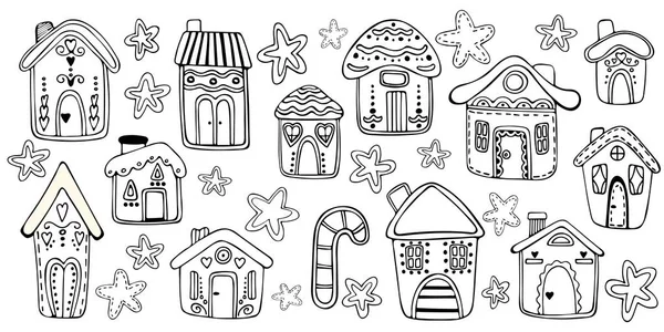 Conjunto Natal Bonito Casas Gengibre Estrelas Ilustração Vetorial Isolada Sobre — Vetor de Stock