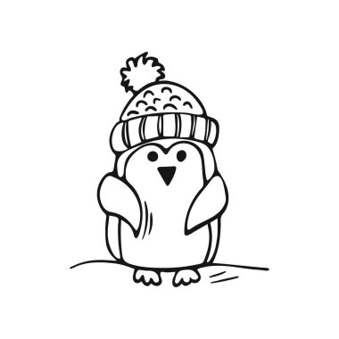 Elle çizilmiş sevimli penguen. Beyaz arka planda izole edilmiş, kış şapkalı penguen. Resim