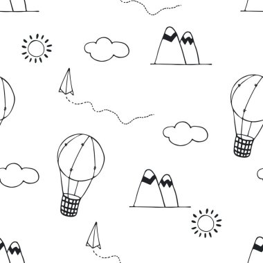 Seyahat düzeni. Siyah-beyaz resim klipsi sanatı. Kusursuz bir arka plan. Resim