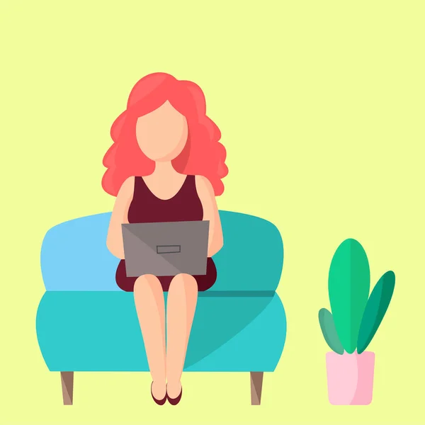 Girl Works Home Couch Remote Work Computer Image — Stock Photo, Image