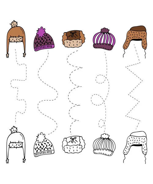 Practice Handwriting Coloring Children Winter Hats Developing Tasks Educational Children — Stock Vector