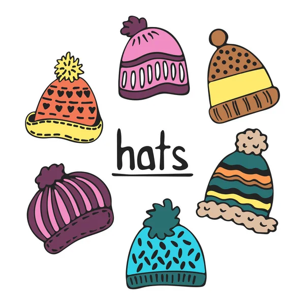 Chapeaux Hiver Lumineux Chapeaux Colorés Dessinés Main Pour Hiver Isolés — Image vectorielle