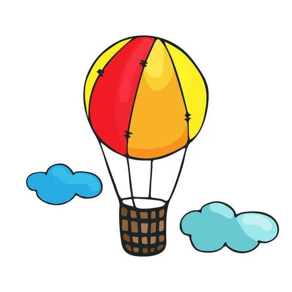 Balão Quente Brilhante Desenhado Mão Com Nuvens Isoladas Fundo Branco — Fotografia de Stock