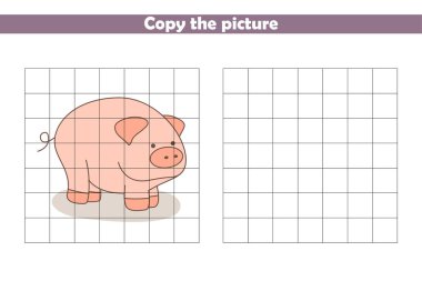Çizgi filmdeki domuz resmini kopyala ve çiz. El yazısı pratiği. Anaokulu öğrencileri için çalışma listesi. Çocuklar için eğitici bir oyun. Vektör illüstrasyonu. 